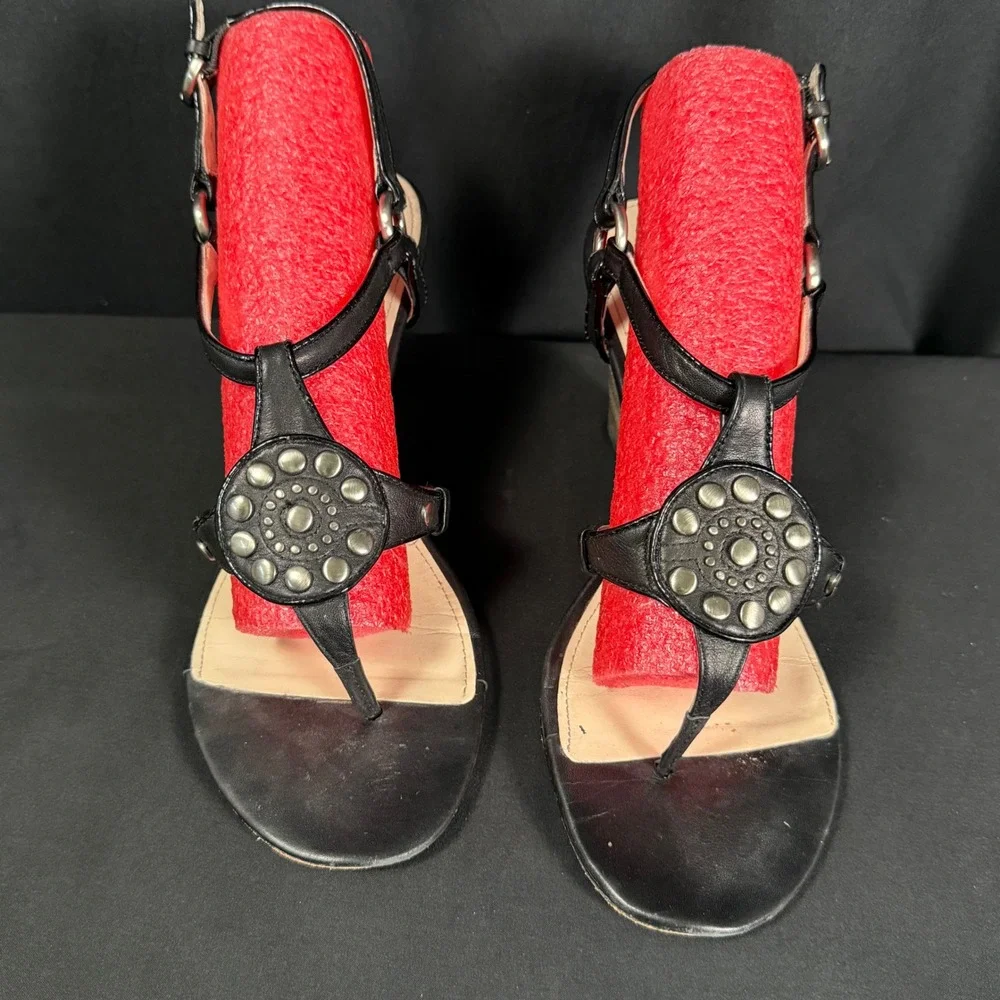 Coach Harper Wedge Sandals Black Calf Leather Studded Medallion Womens 10B A0216